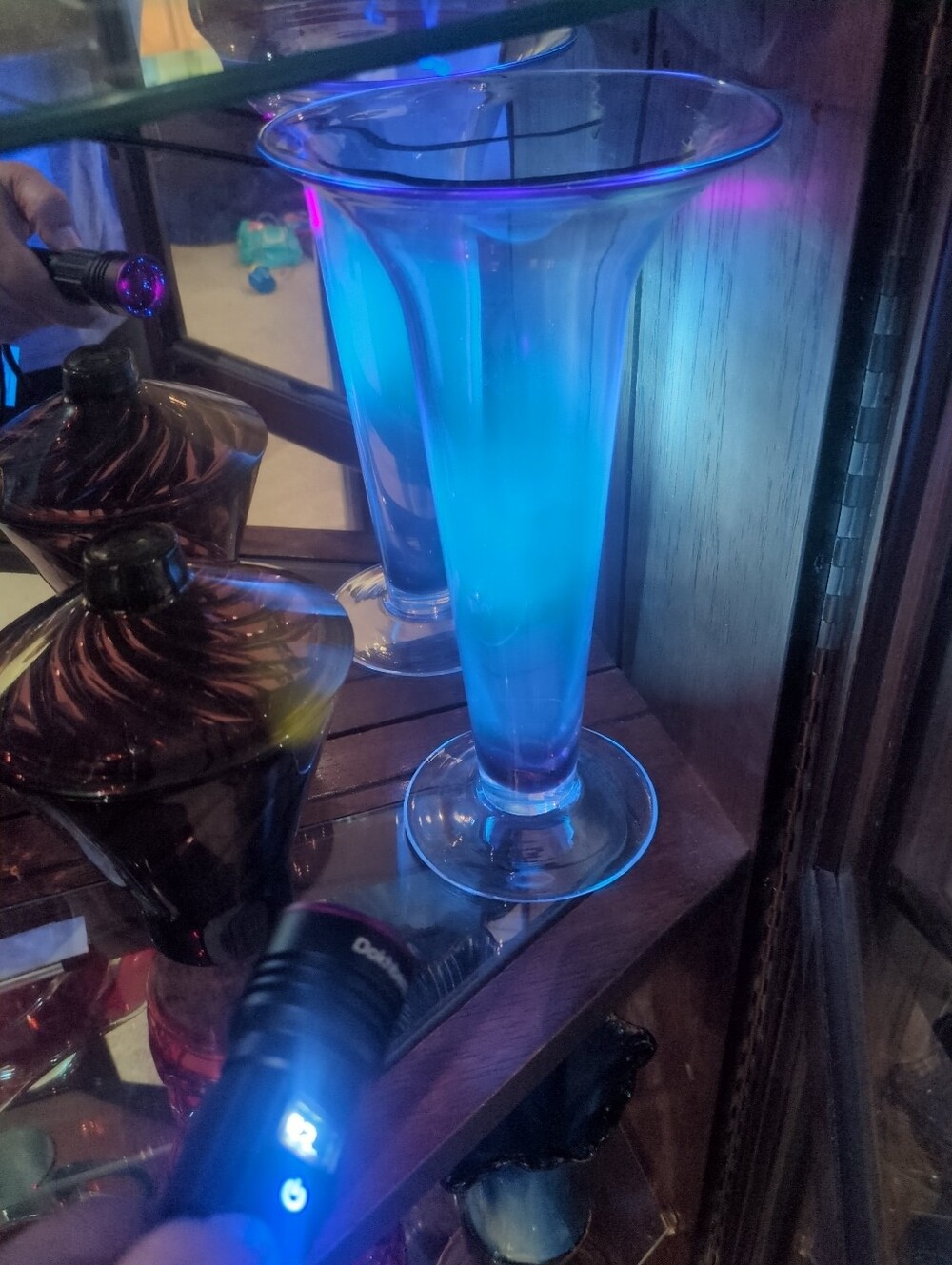 Vintage Hand-blown amethyst glass fluted vase, Glows Blue under a 365nm UV Light